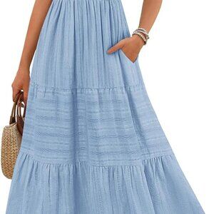 Women's 2025 Summer Flowy Midi Maxi Dress Short Sleeve Square Neck Smocked Tiere